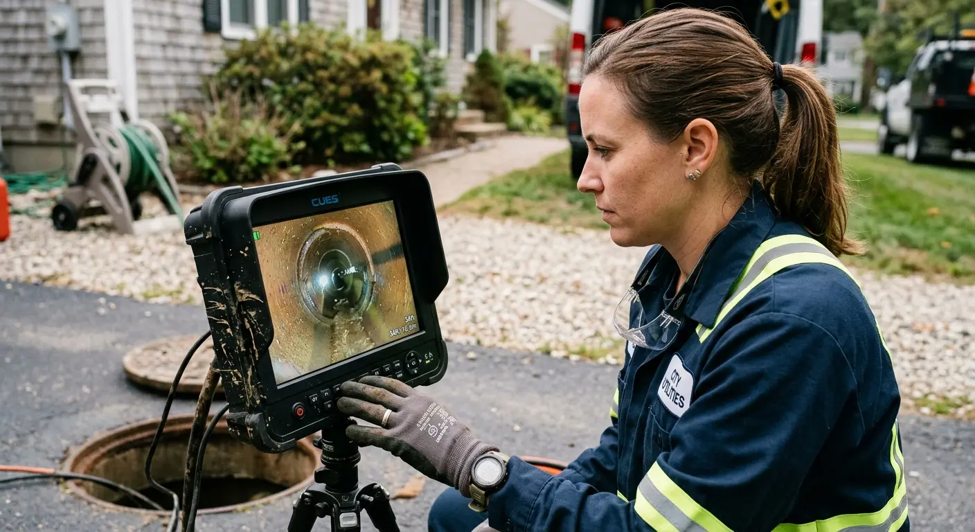 Technician reviewing sewer camera inspection footage in Yucca Valley
