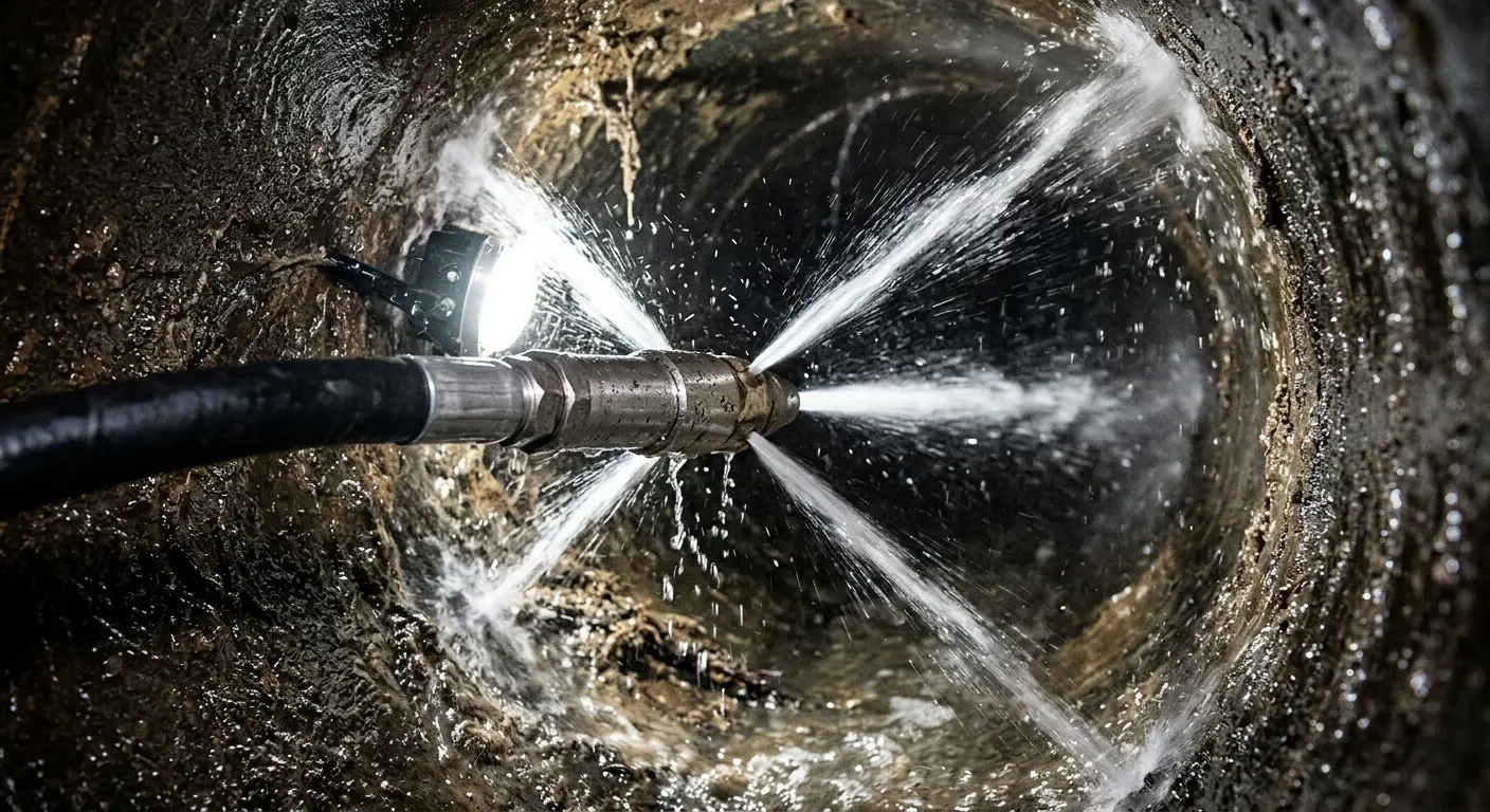High-pressure hydro jetting nozzle cleaning sewer pipe for Trenchless Sewer Repair in Yucca Valley