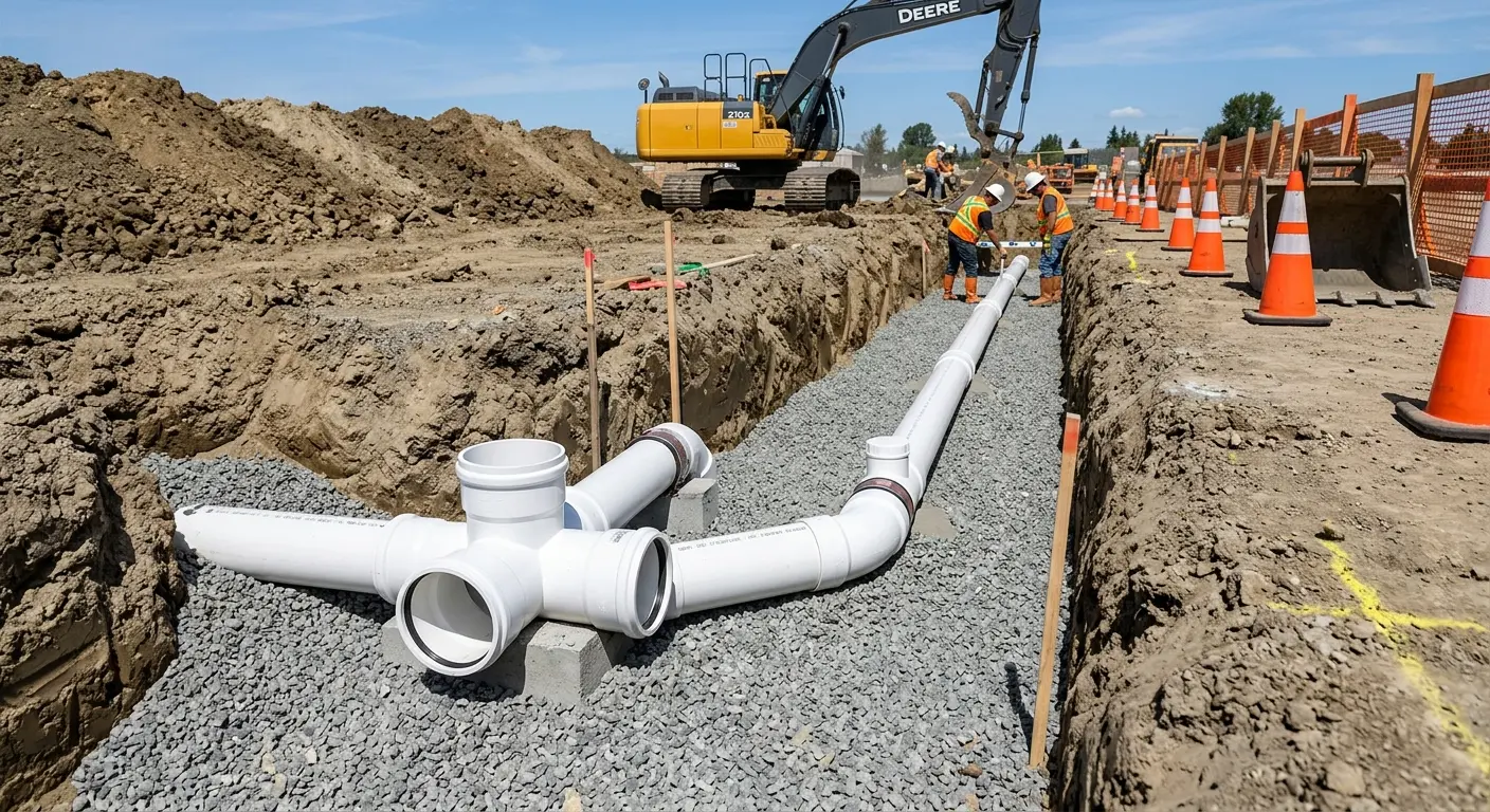 New PVC sewer pipe installation in open trench for Commercial Drain Cleaning in Yucca Valley