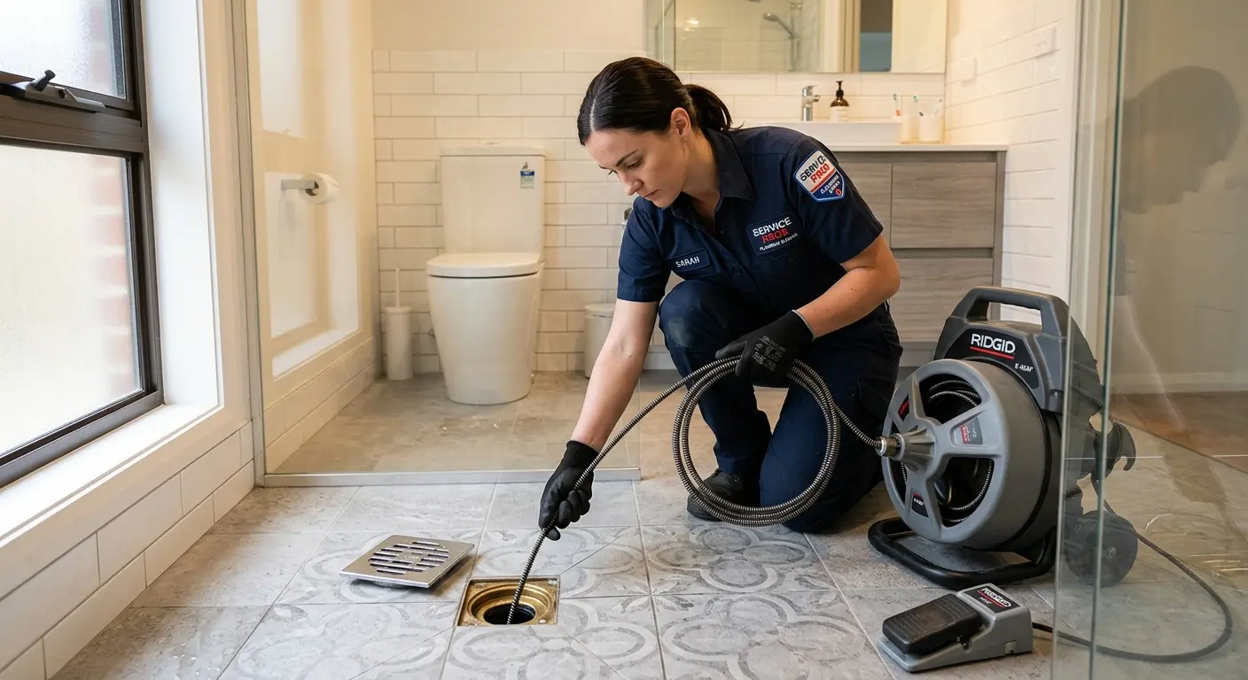 Technician clearing a bathroom floor drain for Clogged Drain Repair in Yucca Valley